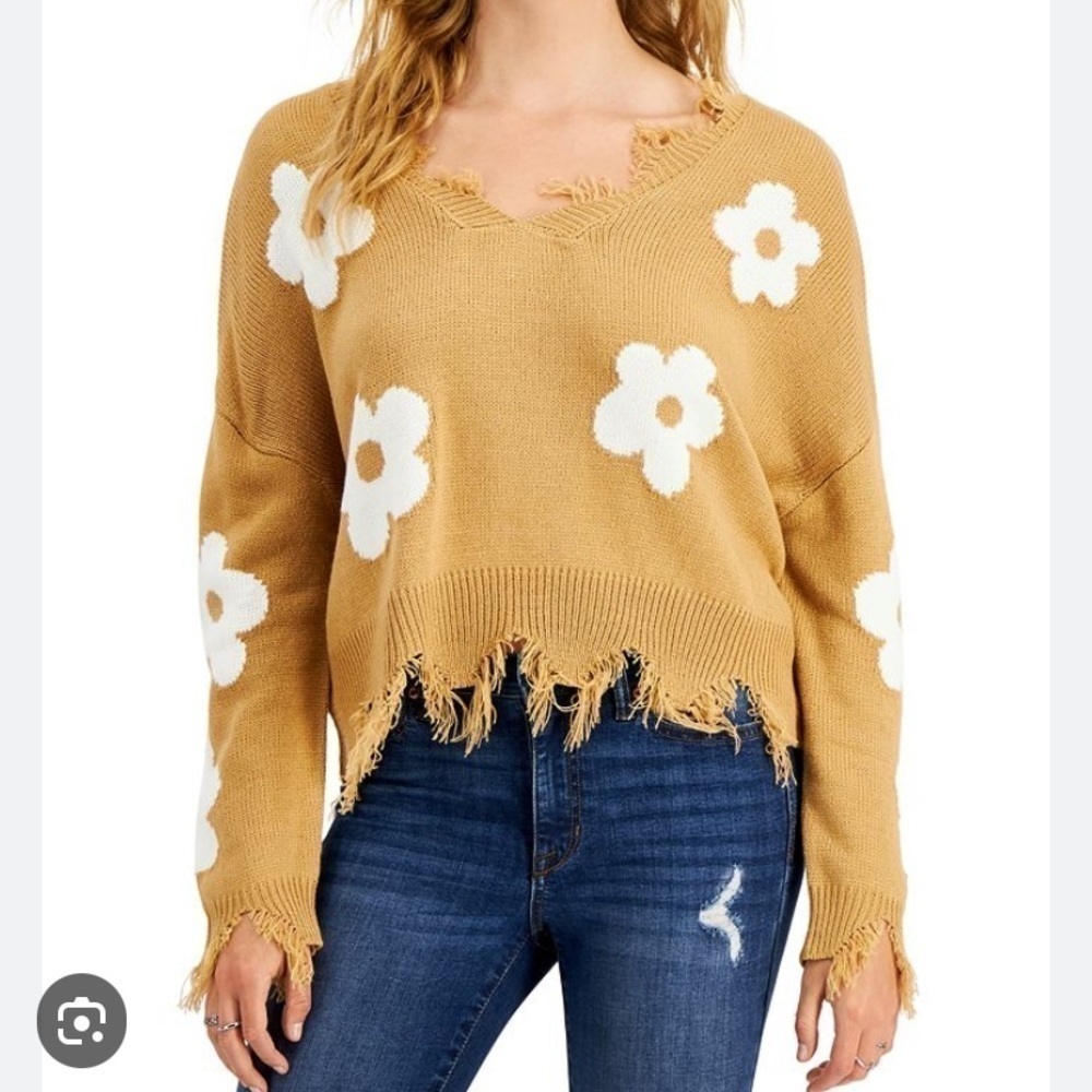 Just Polly‎ tan flowers sweater women's size Large - Picture 2 of 8